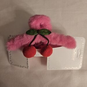 Pink Fuzzy Hair Clip with Cherry Design🍒🍒